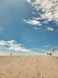 Rear view of men standing on beach against sky