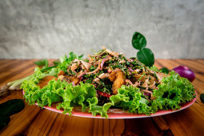 Close-up of salad in plate on table