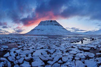 Scenic view of snowcapped mountains against sky during sunset