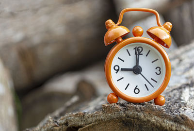 Orange alarm clock isolated on tree trunk. the alarm clock set at 9 o'clock.