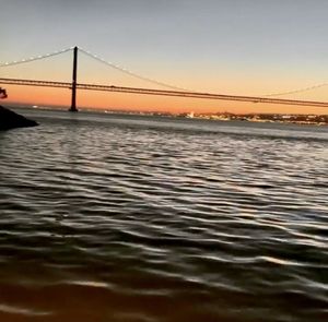 View of suspension bridge over sea