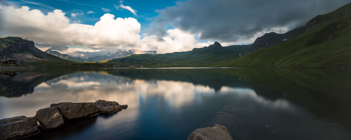 Panoramic view of lake and mountains against sky