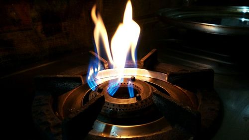 High angle view of gas stove burner in kitchen