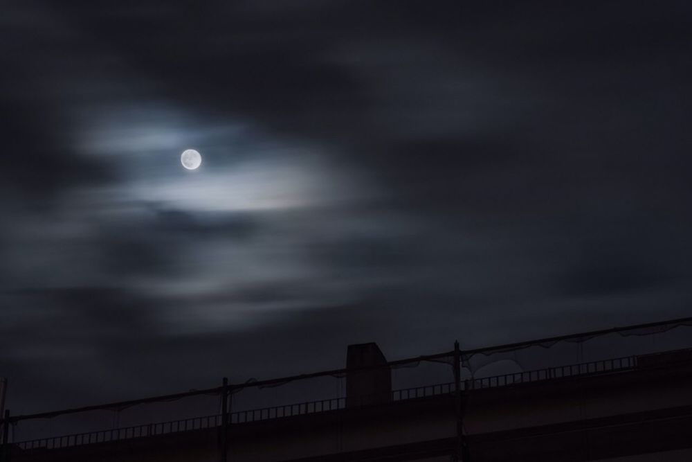 sky, connection, built structure, architecture, bridge - man made structure, railing, silhouette, low angle view, cloud - sky, dusk, sunset, street light, bridge, cloudy, engineering, weather, outdoors, building exterior, nature, no people