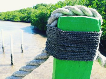 Close-up of rope tied on wooden post