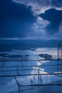 Scenic view of sea against blue sky during winter