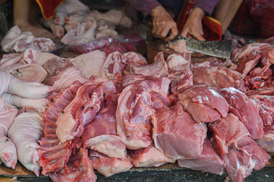 High angle view of meat for sale at market stall