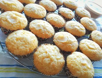 High angle view of cupcakes on table