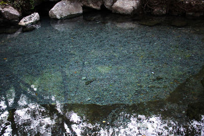 High angle view of rocks by lake