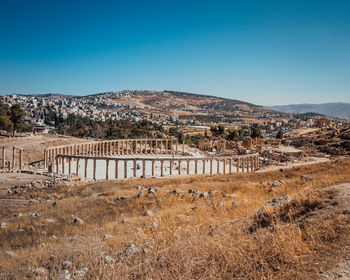 Scenic view of landscape against clear blue sky