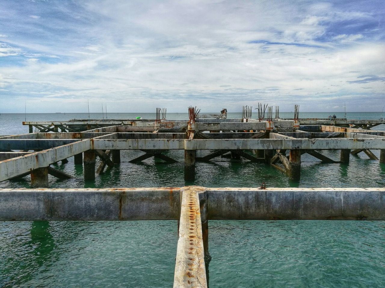 water, sea, sky, railing, outdoors, cloud - sky, day, swimming pool, no people, swimming lane marker