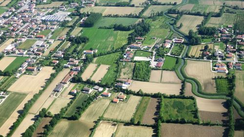 High angle view of houses in city