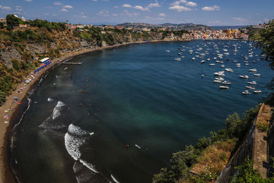 High angle view of sea against sky with beach