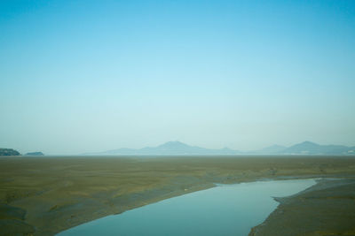 Scenic view of lake against clear blue sky