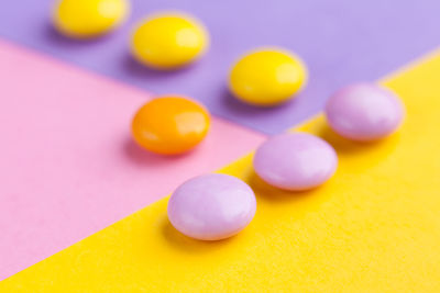 High angle view of multi colored balls on table