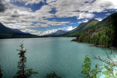 Scenic view of lake and mountains against sky