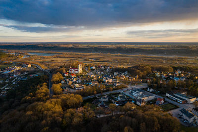 High angle view of townscape against sky at sunset