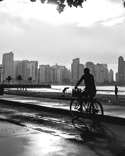 Man riding bicycle on road in city