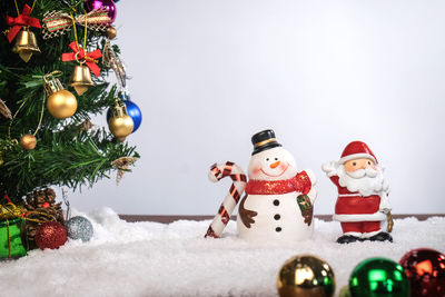 Close-up of christmas decorations against white background