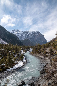 Scenic view of snowcapped mountains against sky