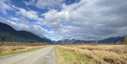 Empty road amidst field against sky