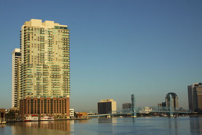 River by modern buildings against clear sky