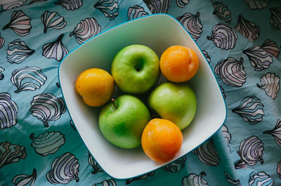 High angle view of fruits in bowl on table