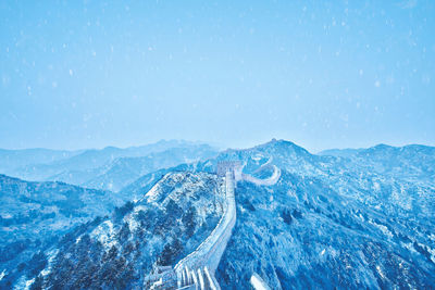 Scenic view of mountains against blue sky