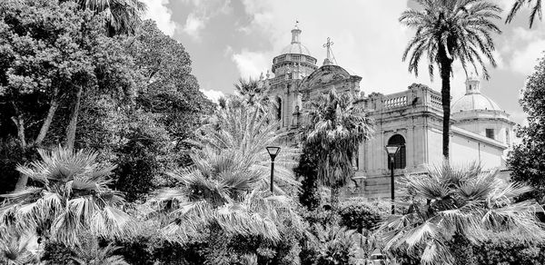 Panoramic view of palm trees and buildings against sky