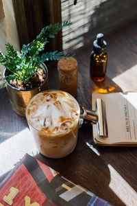 High angle view of ice tea on table