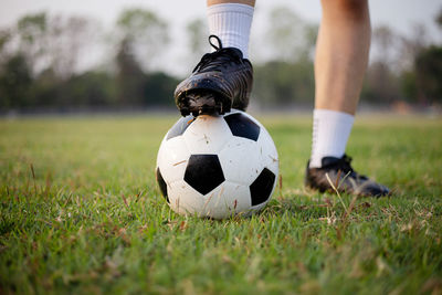 Low section of person playing with ball on grass