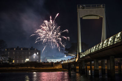 Firework display over river against sky at night