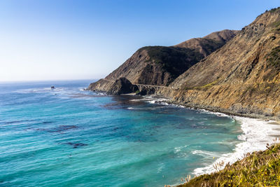 Scenic view of sea against clear blue sky