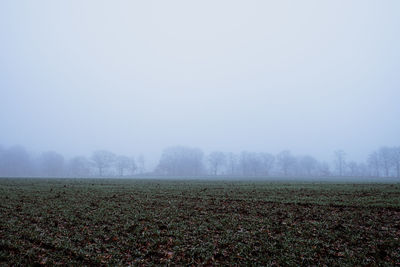 Scenic view of field against sky during foggy weather