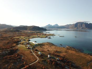 High angle view of bay against clear sky