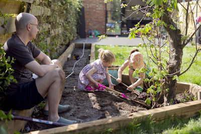 Father looking at children digging in garden