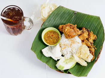 High angle view of food served on table