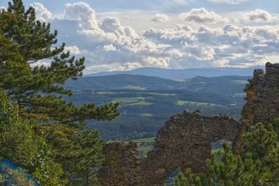 Scenic view of landscape and mountains against sky