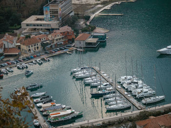 High angle view of boats in city