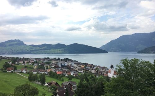 Scenic view of sea and mountains against sky