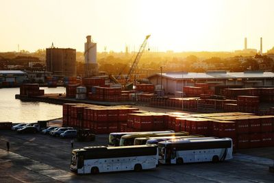 View of commercial dock against sky during sunset