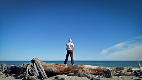 Rear view of man standing on fallen tree trunk by sea against sky