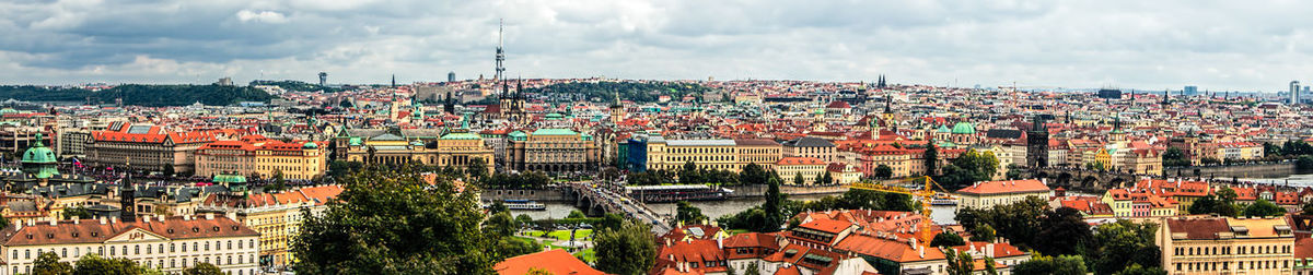 High angle shot of cityscape against cloudy sky