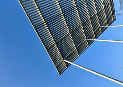 Low angle view of modern building against clear blue sky