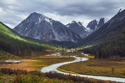 Scenic view of lake by mountains against sky