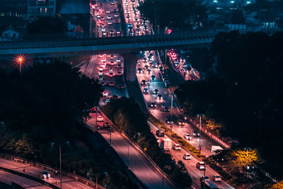 High angle view of traffic in the city at night
