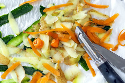 Close-up of chopped vegetables in plate