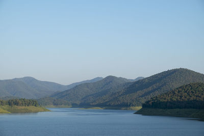 Scenic view of lake and mountains against clear sky