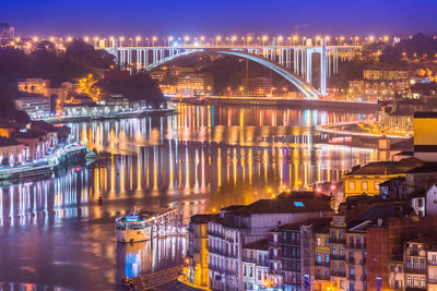 Illuminated bridge over river at night