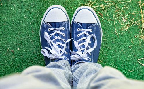 Low section of man wearing shoes standing on field